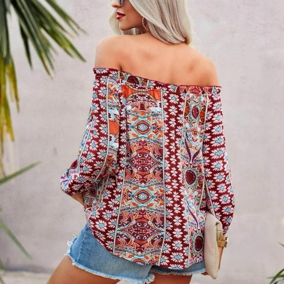 Paisley floral print off the shoulder long sleeve ruffle boho blouse maroon red - Picture 2 of 10
